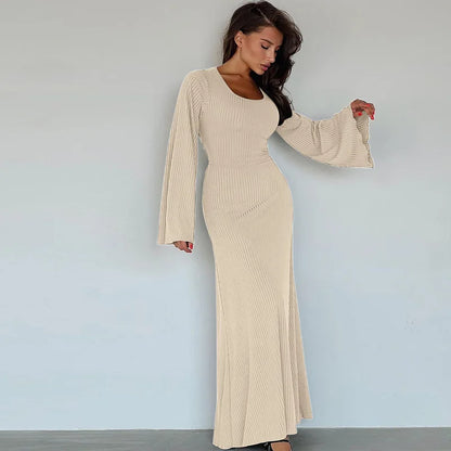Quiet Luxury Aesthetic - Elegant Ribbed Bell Sleeve Maxi Dress