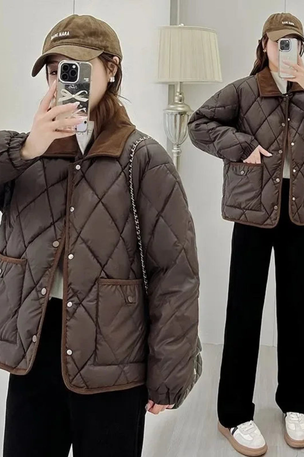 Person wearing a brown quilted jacket and cap, standing in a room with lamps and a sofa.