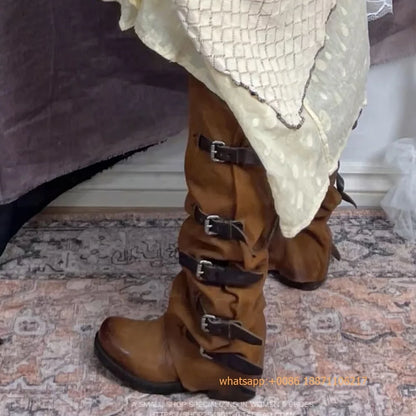 Womens Large Mid Length Retro Boots Buckle Casual Knight Boots For Autumn Winter 2025