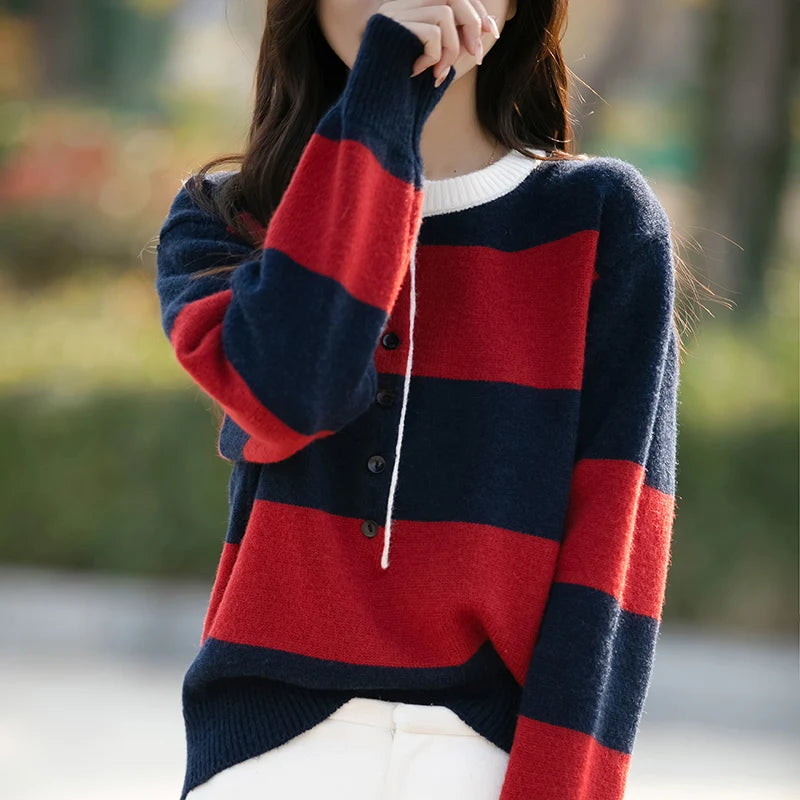 2024 Autumn Winter Womens Striped O Neck Sweater O Neck Long Sleeves Oversized Fit