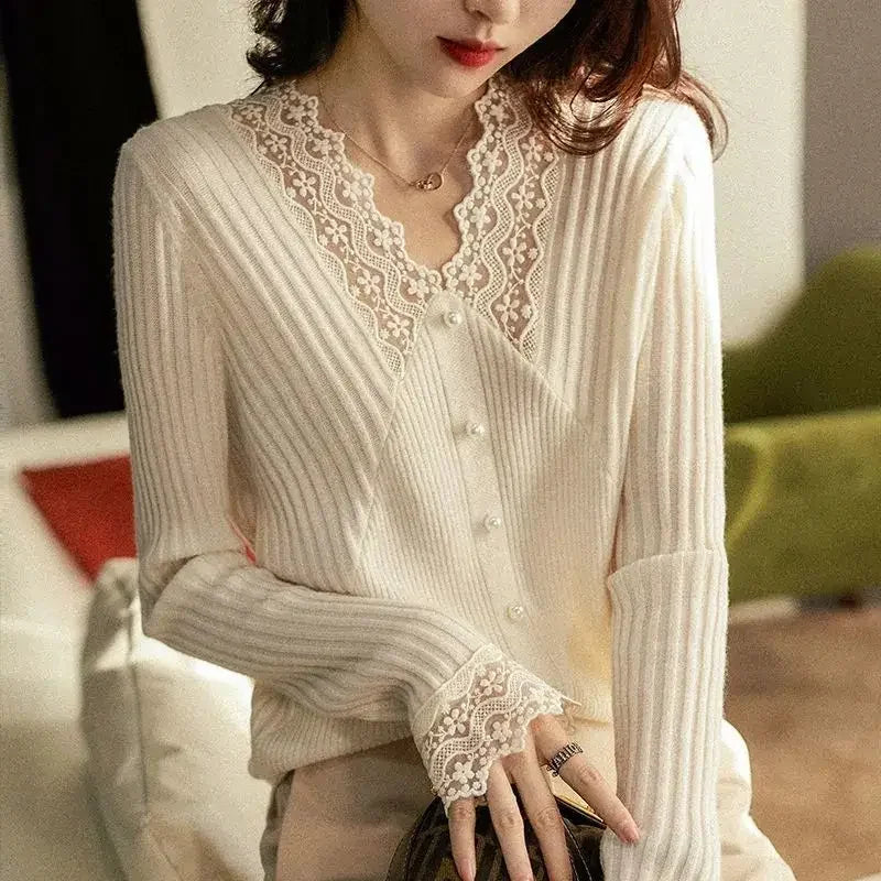 Lace V Neck Knitted Long Sleeve Sweaters For Women