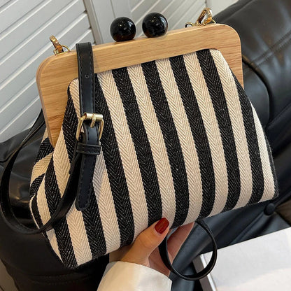 New Elegant Striped Black Bead Buckle Handbag