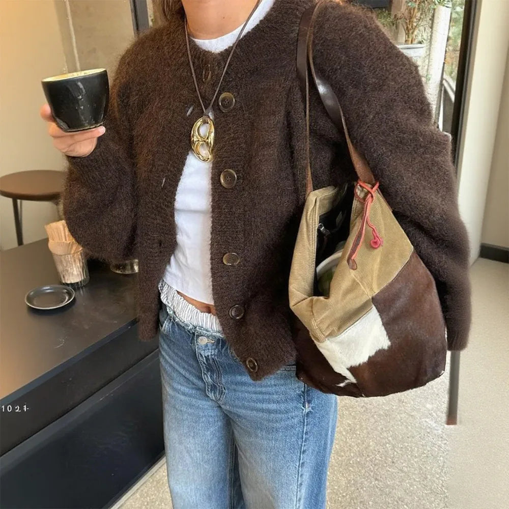 2025 Spring Autumn Womens Medium Length Cable Knit Cardigan Casual Loose Fit Solid Color Jacket