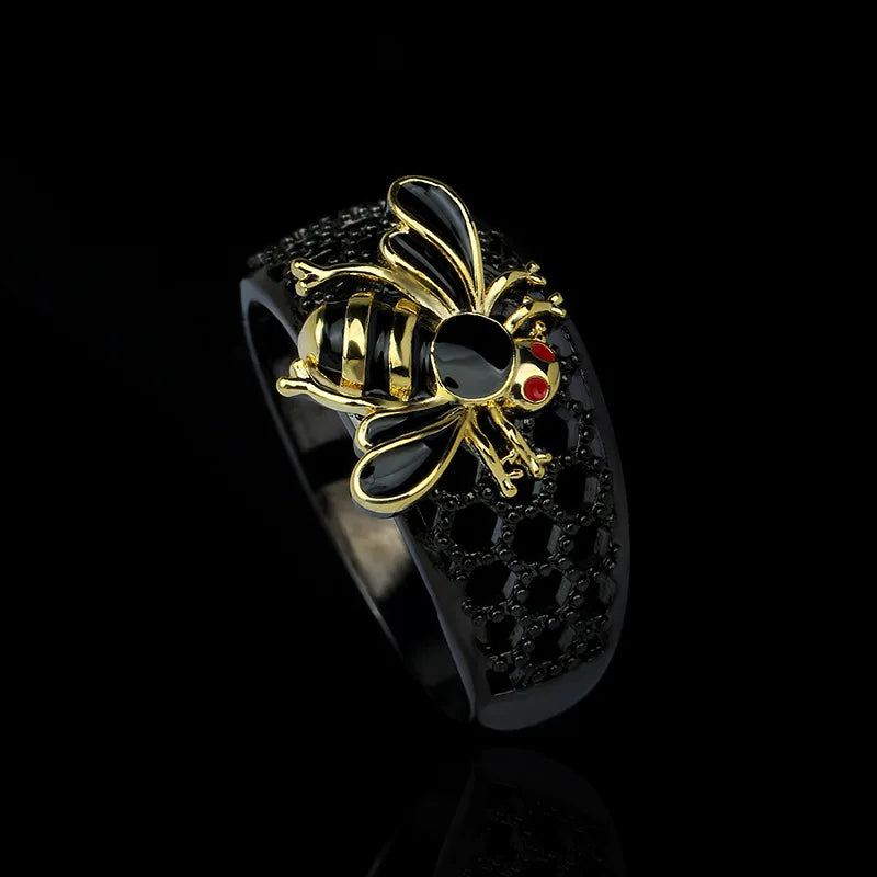 Golden Bee Enamel Cocktail Ring – Unique Vintage-Inspired Adjustable Zircon Ring