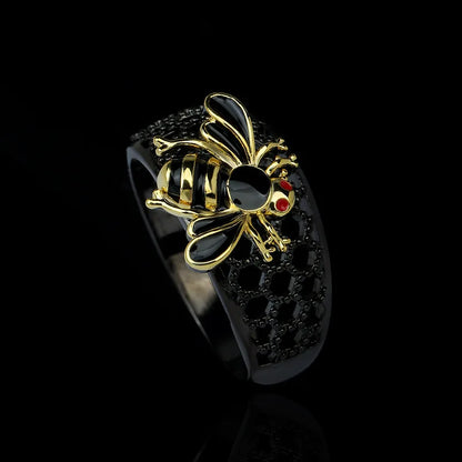 Golden Bee Enamel Cocktail Ring – Unique Vintage-Inspired Adjustable Zircon Ring