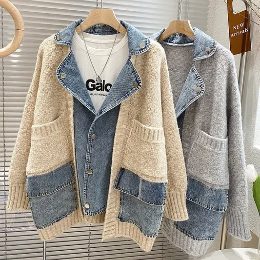 2025 New Autumn Winter Women Splicing Denim Jacket Long Sleeve Jean Jackets Female Loose Sweater Cardigan Jacket