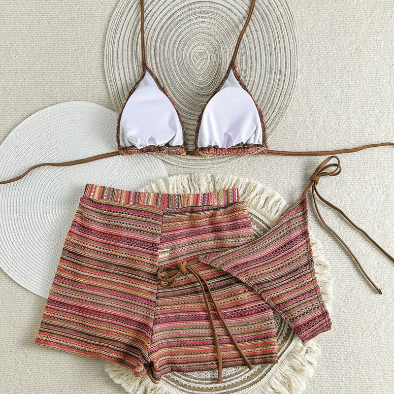 Boho Multi-Color Striped Crochet Bikini and Shorts Set Aesthetic