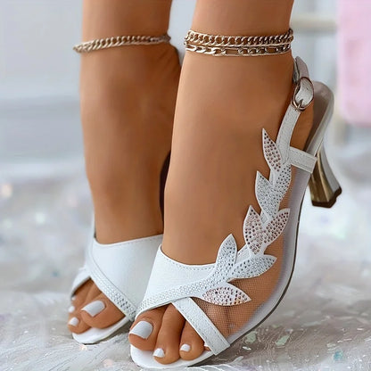 Elegant Rhinestones Leaf Design High Heel Buckle Strap Slippers