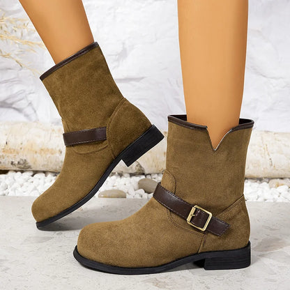 Designer British Style Square Low Heel Faux Suede Boots For Women