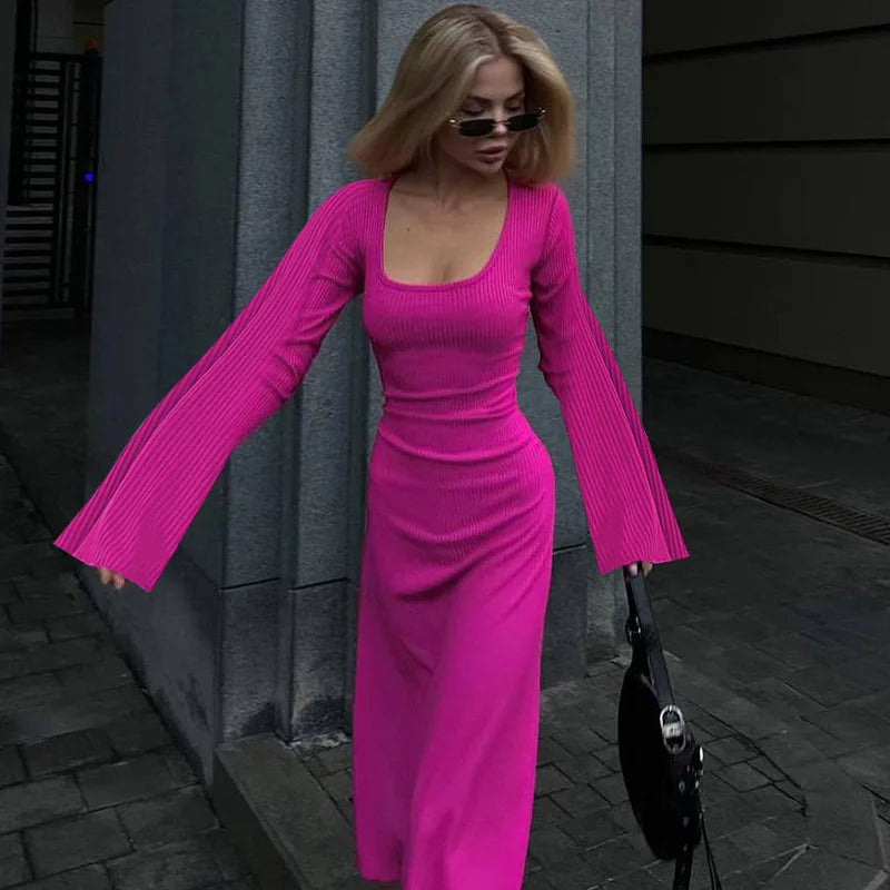 Quiet Luxury Aesthetic - Elegant Ribbed Bell Sleeve Maxi Dress