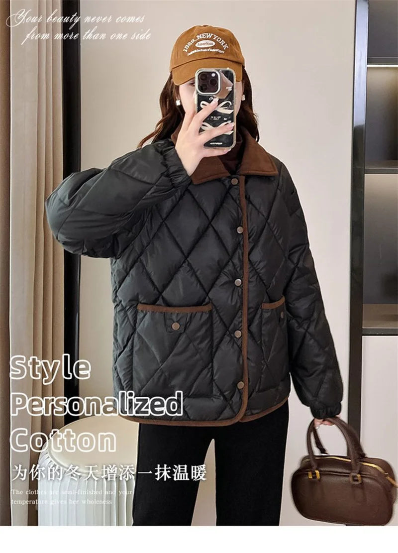 Quilted PU Leather Short Coat – Warm Rhombic Lattice Winter Jacket for Women