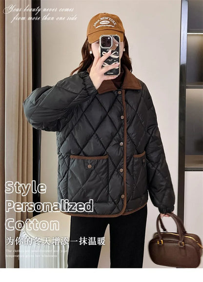 Quilted PU Leather Short Coat – Warm Rhombic Lattice Winter Jacket for Women