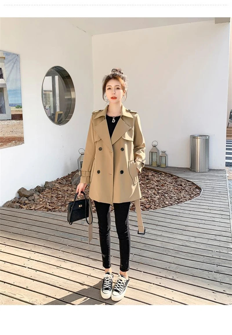 Womens Korean Style Long Khaki Red Trench Coat