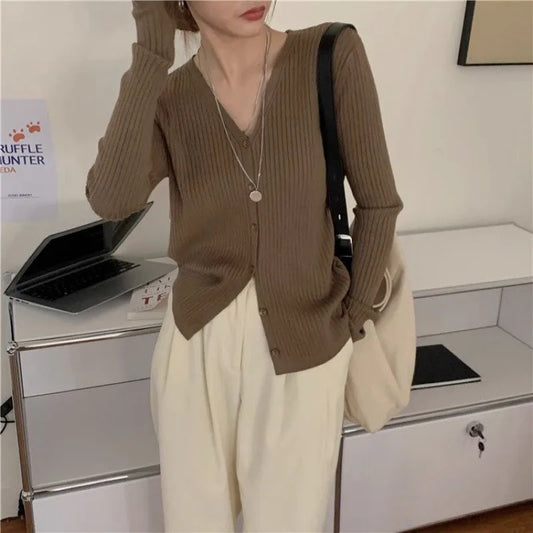 New Spring Autumn Solid Cardigan Sweater For Women V Neck Long Sleeve Single Breasted Short Coat Knit Clothing