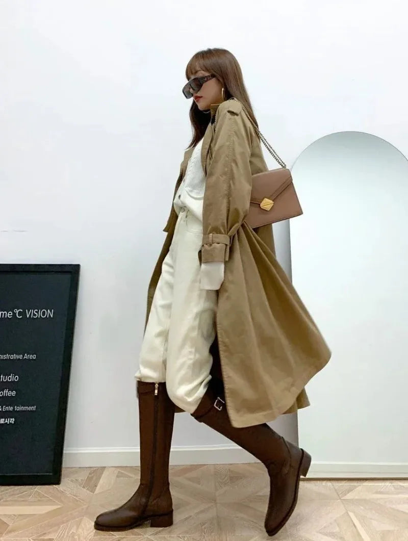 Winter Knee High Brown Boots Square Heel Zip Belt Buckle Gothic Style For Women