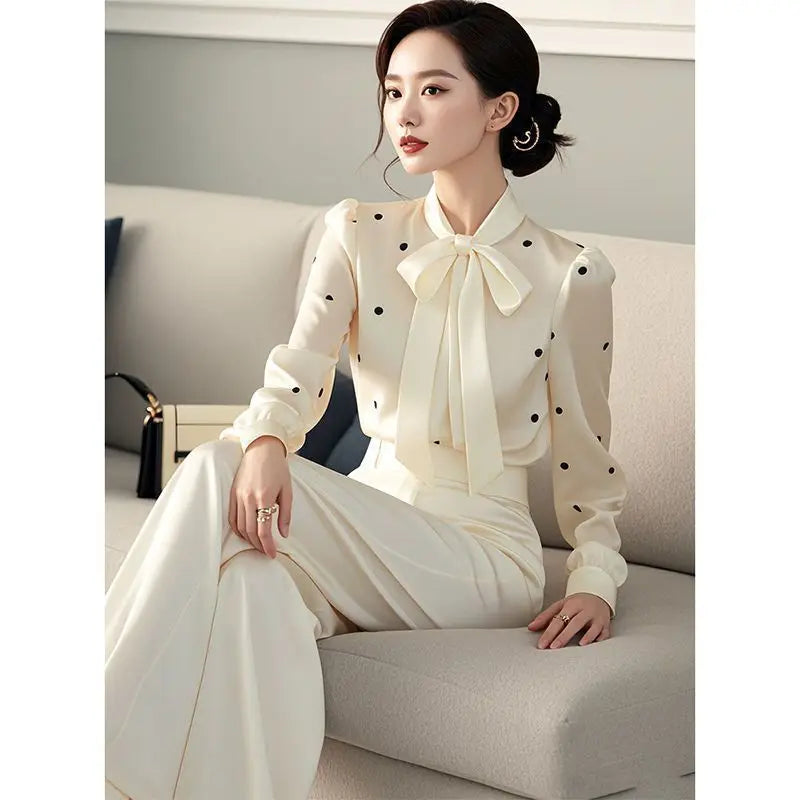 2024 V Neck Polka Dot Blouse Casual Office Wear For Women