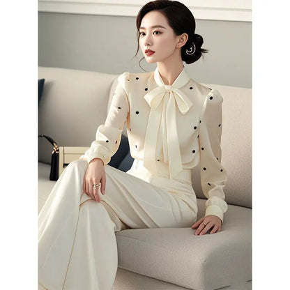 2024 V Neck Polka Dot Blouse Casual Office Wear For Women