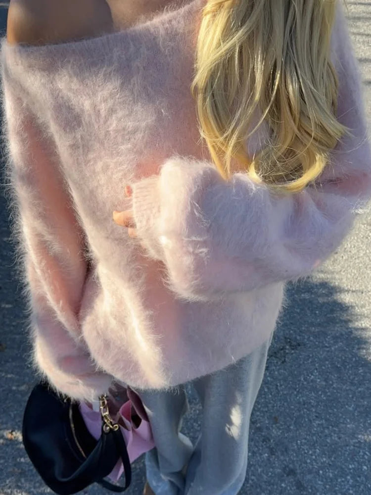 Luxury Seahorse Hair Knit Sweater Retro Loose Fit Warm Pullover For Women Casual Autumn Winter Fashion