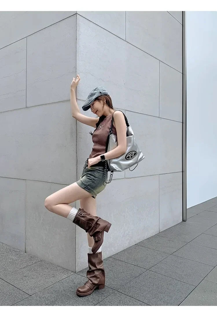 Pleated Buckle Pu Leather Mid Calf Women Boots