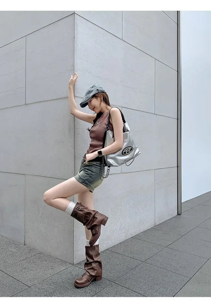 Pleated Buckle Pu Leather Mid Calf Women Boots