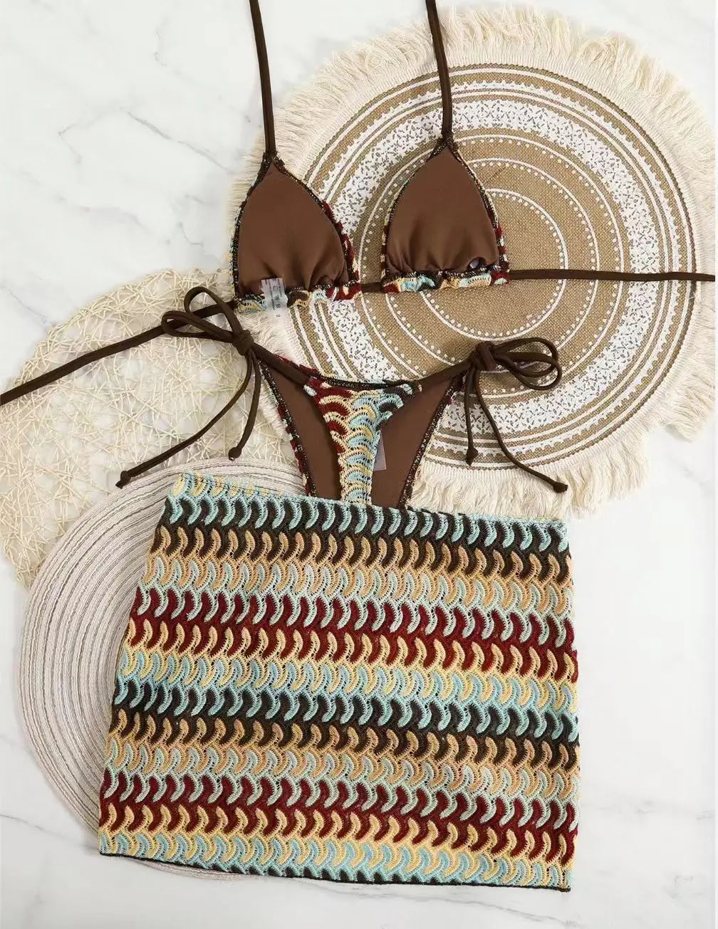 3 Piece Bikini Set With Beach Skirt For Women Printed Halter Swimsuit Beachwear