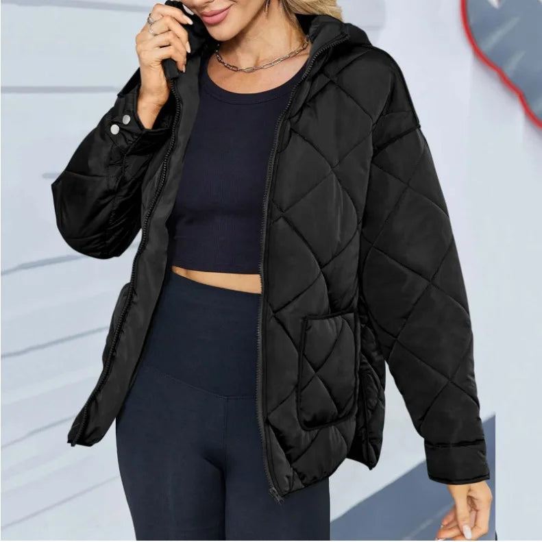 Autumn Winter European Style Womens Cotton Padded Coat Round Neck Loose Fit Solid Color Diamond Check Pattern Casual Outerwear