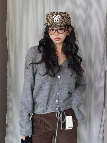 V-Neck Drawstring Knit Cardigan for Women – Slimming Autumn Outerwear