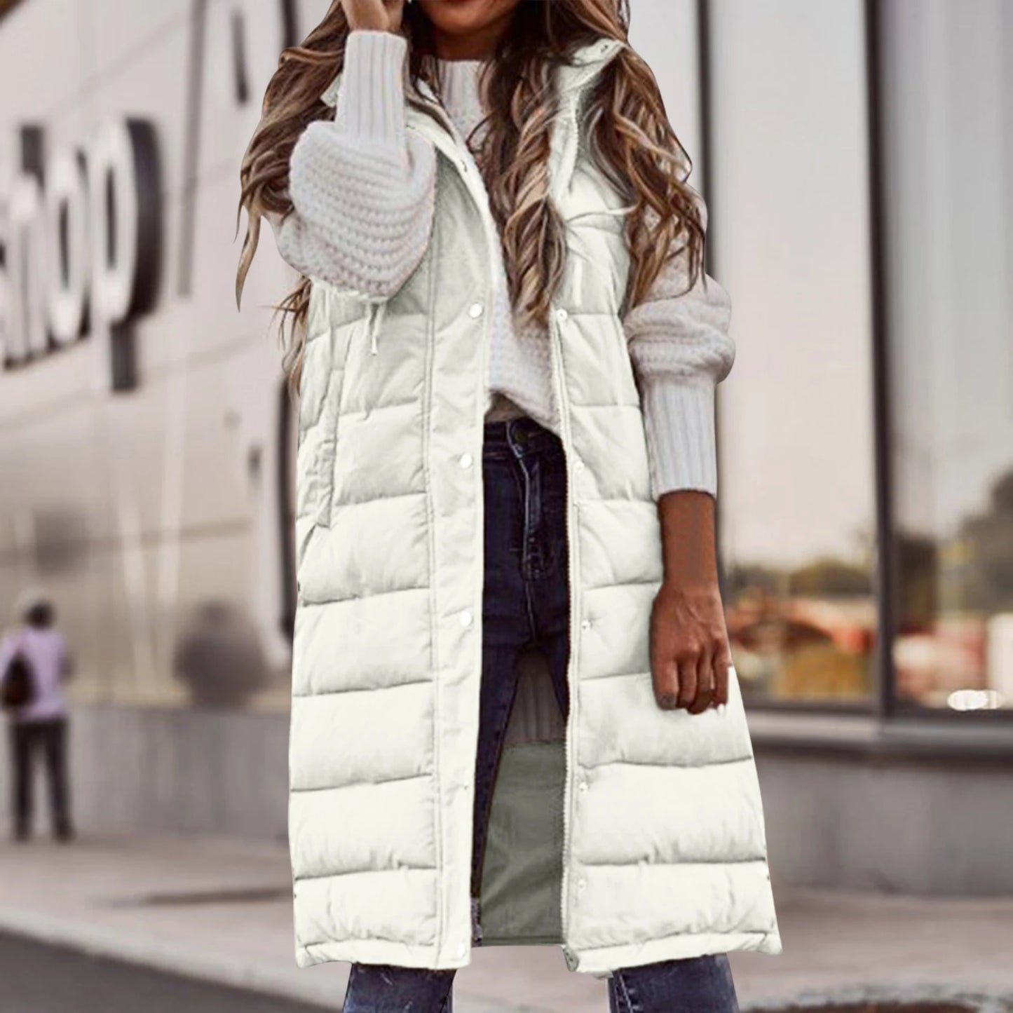 2025 Womens Long Winter Quilted Hooded Vest Sleeveless Down Cotton Jacket With Pockets Warm Outdoor Coat S 5xl