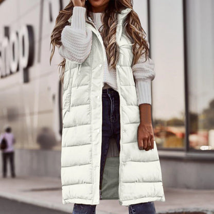 2025 Womens Long Winter Quilted Hooded Vest Sleeveless Down Cotton Jacket With Pockets Warm Outdoor Coat S 5xl