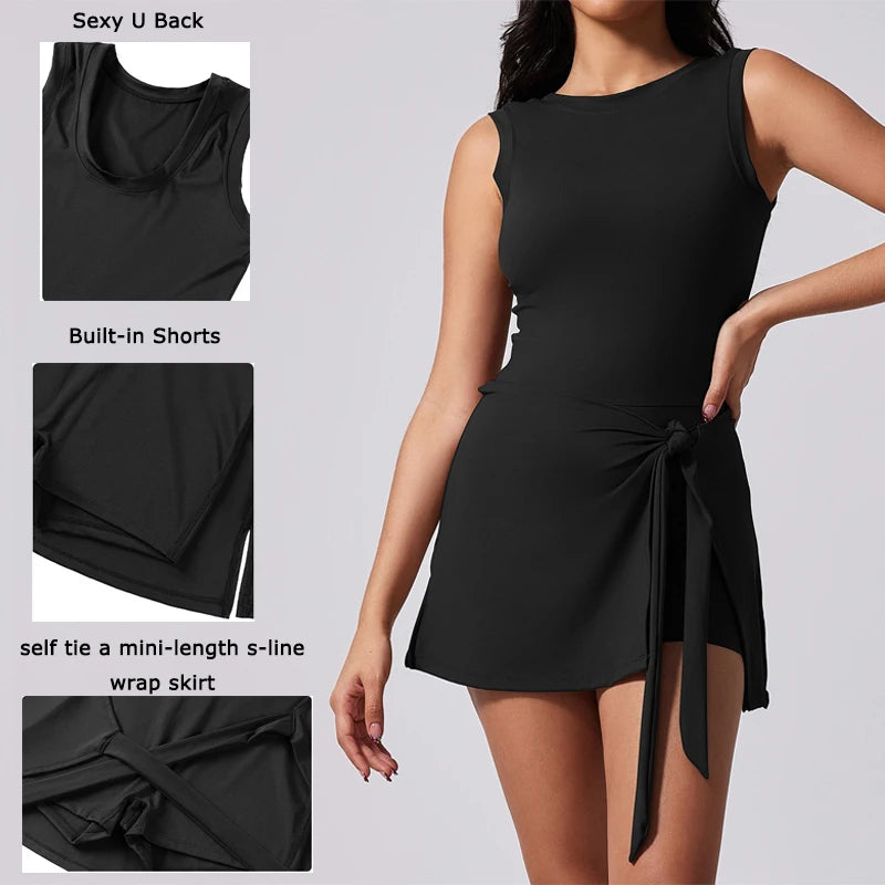 Women’s Tennis Dress with Built-In Shorts – Sleeveless Athletic Skort Dress