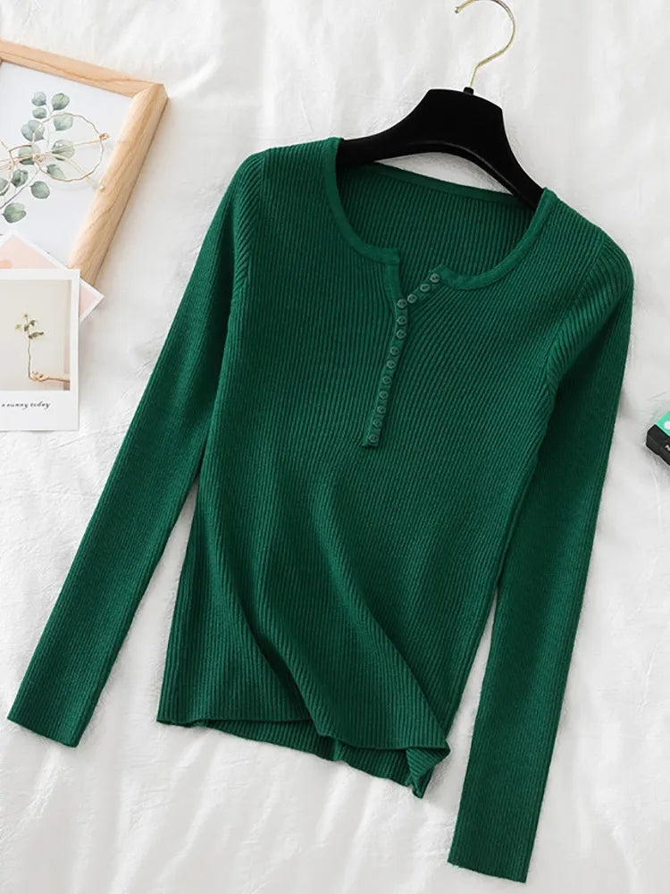 2025 New Button V Neck Knitted Sweater For Women Soft Warm Autumn Winter Pullover Basic Fit Sweater Top