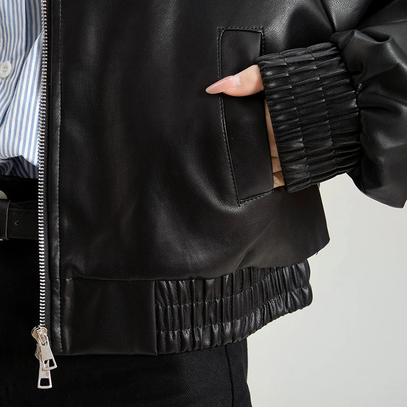 2025 Korean Black Leather Jacket For Women Winter Long Moto Biker Zipper Jacket Streetwear Harajuku Y2K Loose Fit Womens Coat