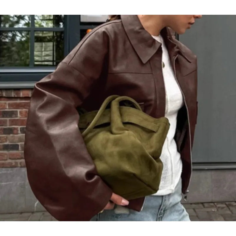 Vintage Coin Pattern Pilot Jacket – Korean Style Faux Leather Coat for Women