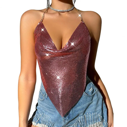 Chic Backless Metal Chain Halter Neck Crop Top