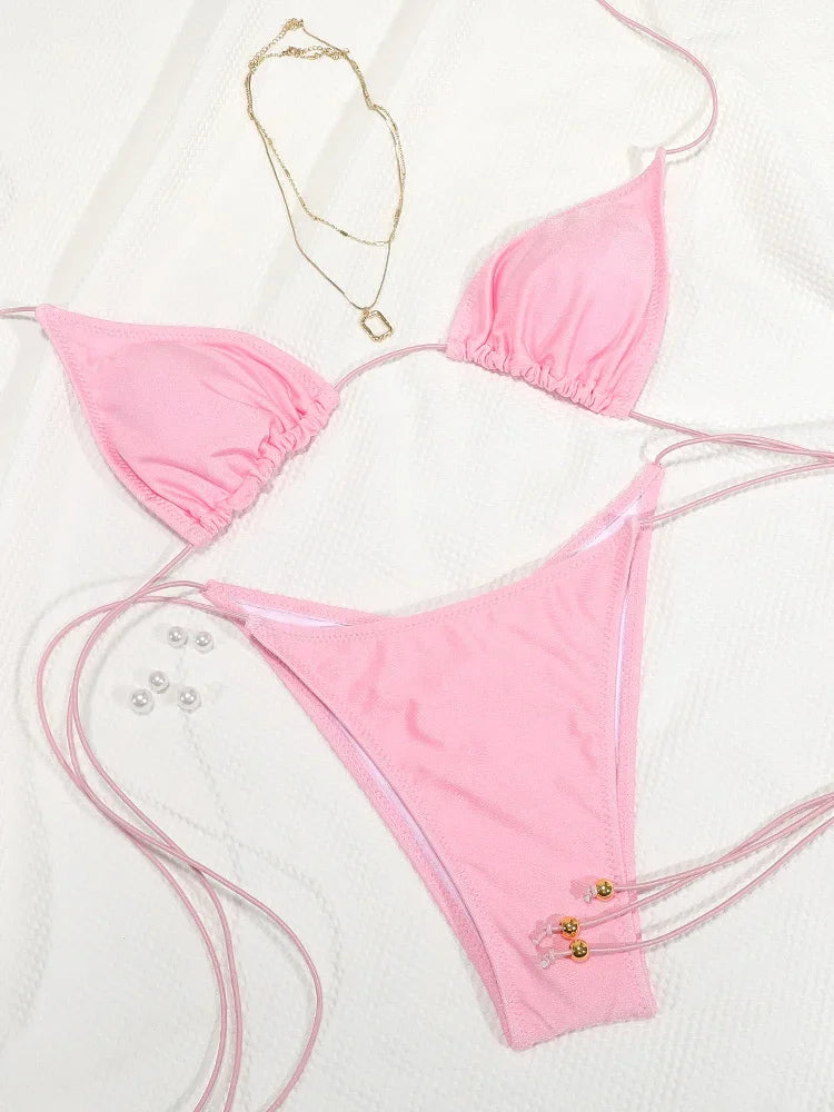 2025 Ruffle Strap Triangle Bikini Set Sexy Push Up Womens Swimwear Solid Color Bathing Suit For Summer Beachwear