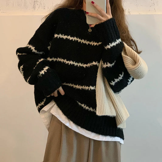 Womens Oversized Striped Sweater Round Neck Loose Knit Pullover Thick Casual Jumper For Autumn Winter Fashion