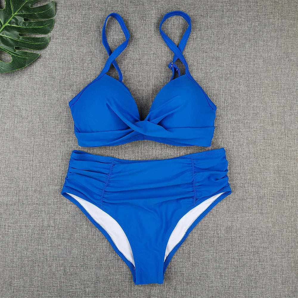 Spaghetti Strap High Waist Bikini Set For Women Padded Pleated Swimsuit Solid Color