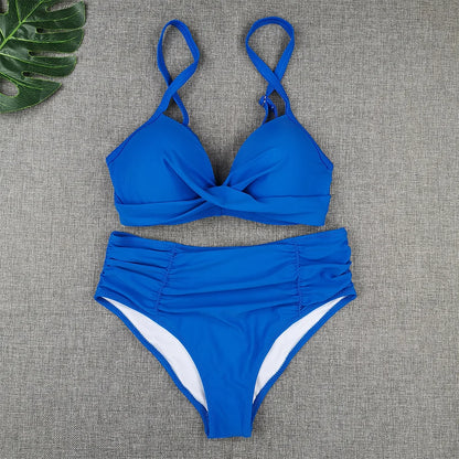 Spaghetti Strap High Waist Bikini Set For Women Padded Pleated Swimsuit Solid Color