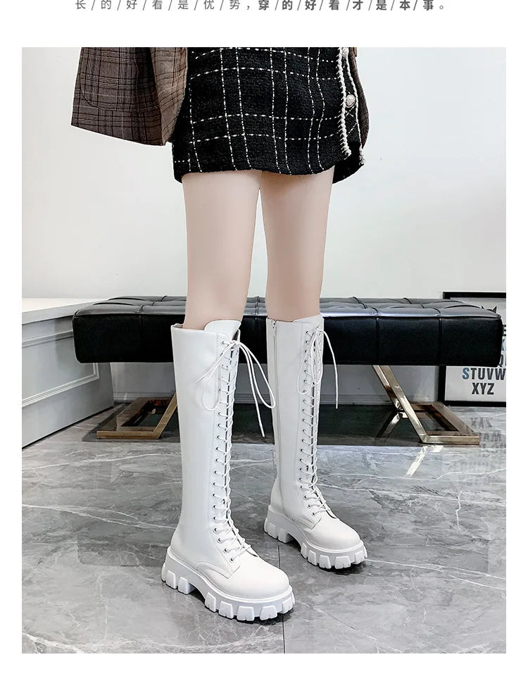 Women’s High Ankle Boots 2025 – Lace-Up PU Leather Platform-Free Casual Winter Autumn Shoes