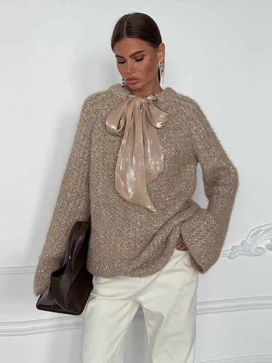 Chic Oversized Bow Knit Sweater For Women Loose V Neck Pullover With Flare Sleeves Autumn Winter Casual Lady Sweater