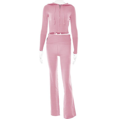 Long Sleeve Zipper Solid Knitted 2 Piece Sets Women Tracksuits