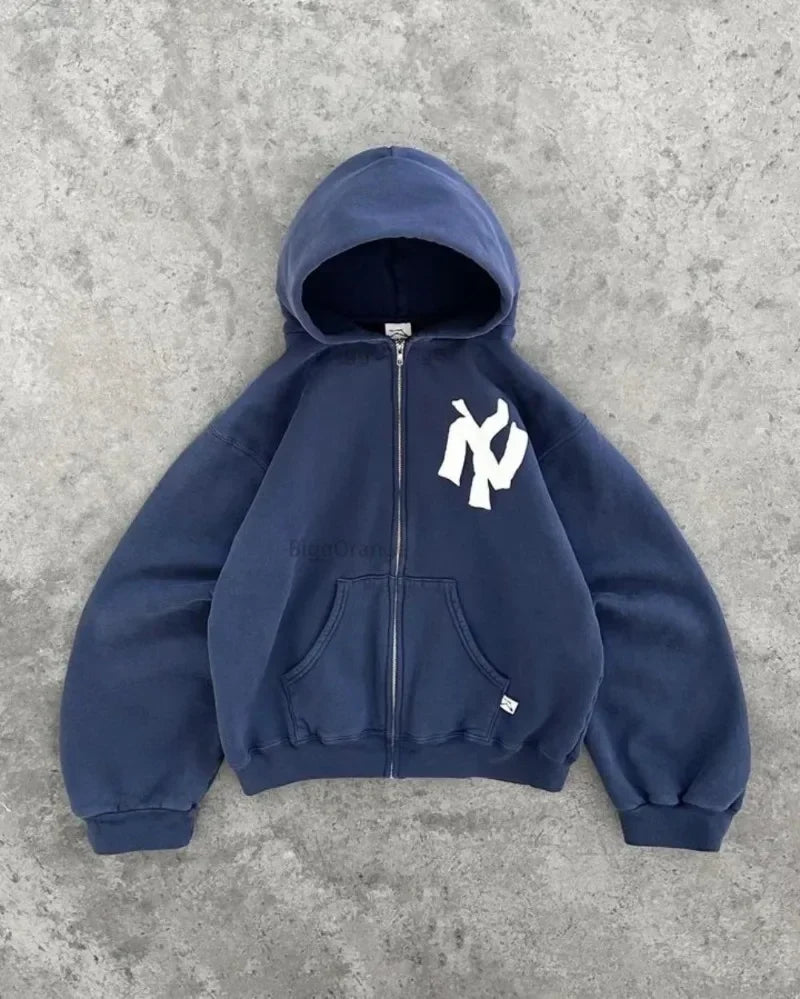 New Y2k Letter Print Zip Up Hoodie Streetwear Oversized Sweatshirt For Men Women