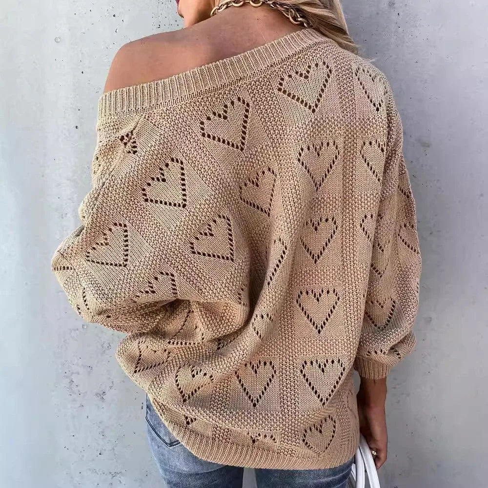 Womens Elegant Hollow V Neck Autumn Winter Sweater