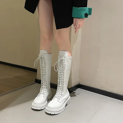 Women’s Knee-High Platform Boots 2025 – Korean Style PU Leather Fleeced Chunky Heel Winter Boots
