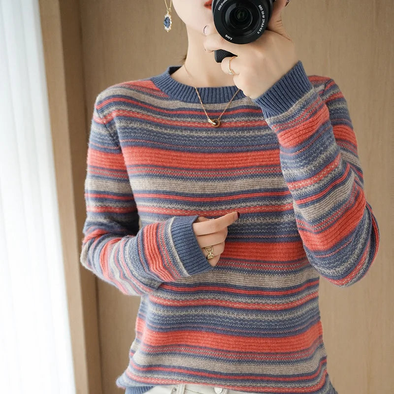 2024 Autumn Winter Womens Striped O Neck Sweater O Neck Long Sleeves Oversized Fit
