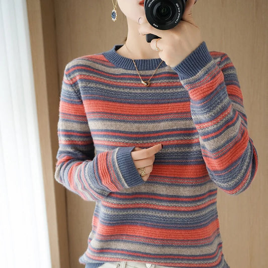 2024 Autumn Winter Womens Striped O Neck Sweater O Neck Long Sleeves Oversized Fit
