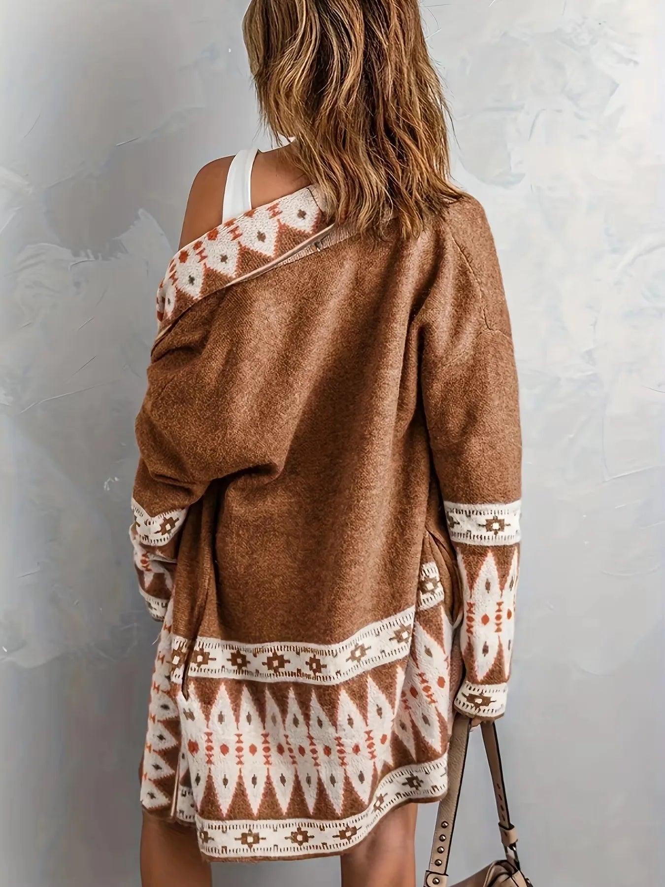 Boho Geometric Knit Cardigan for Women – Mid-Length Casual Sweater