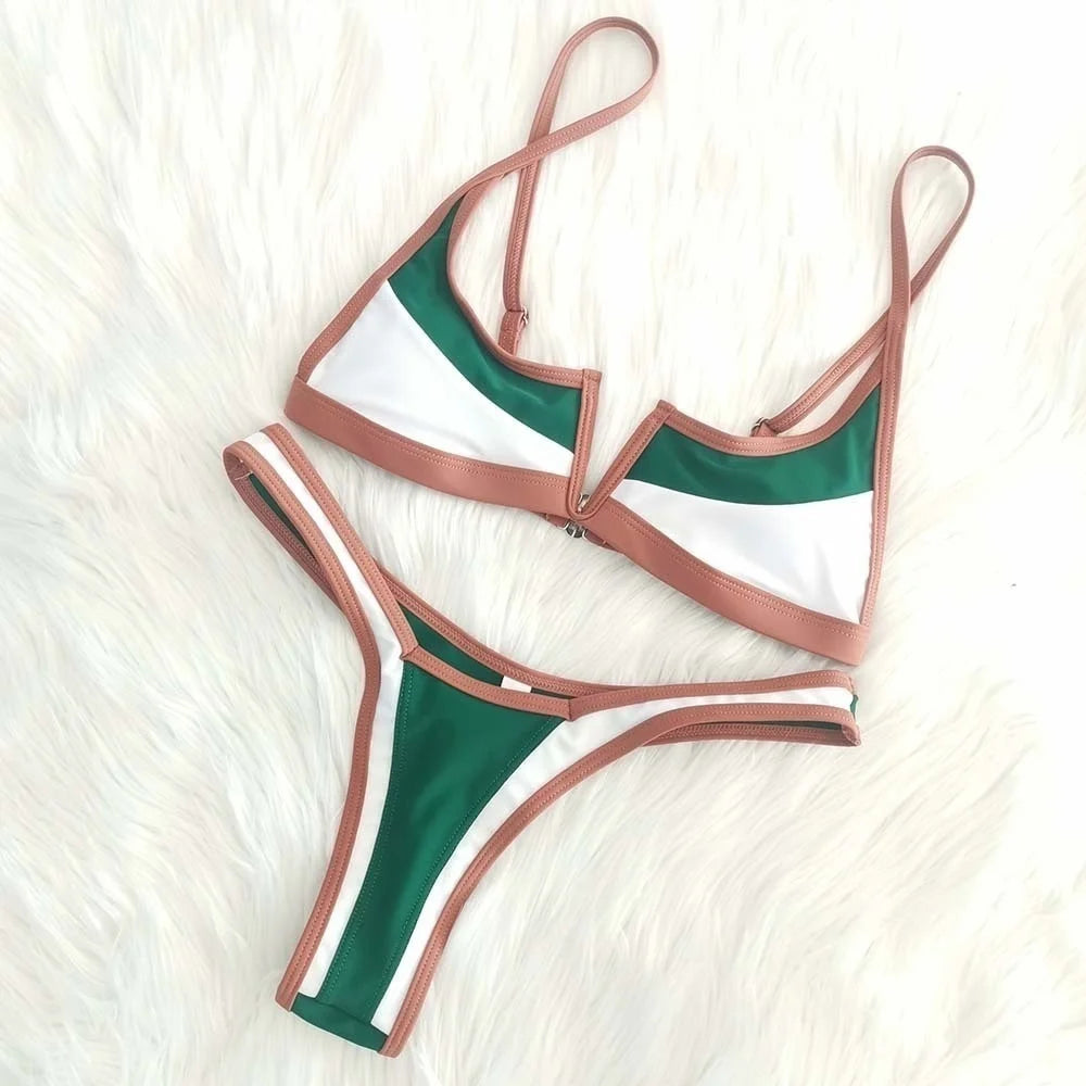 Vintage Style Split Cover Up Green Bikini Set