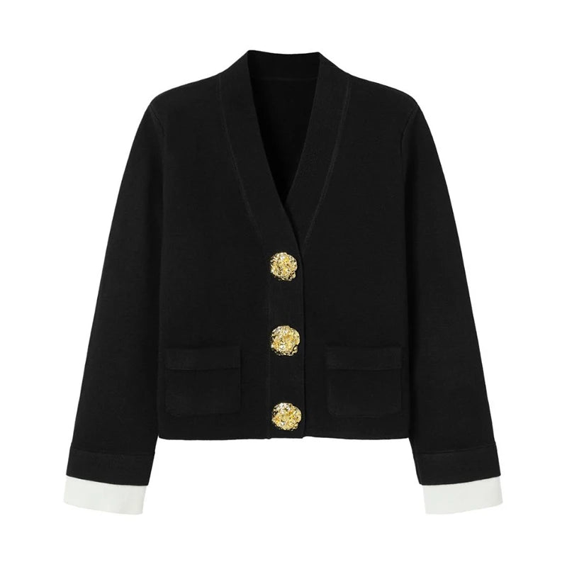 Flap Pocket Big Button V Neck Cardigan