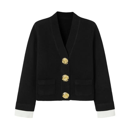 Flap Pocket Big Button V Neck Cardigan